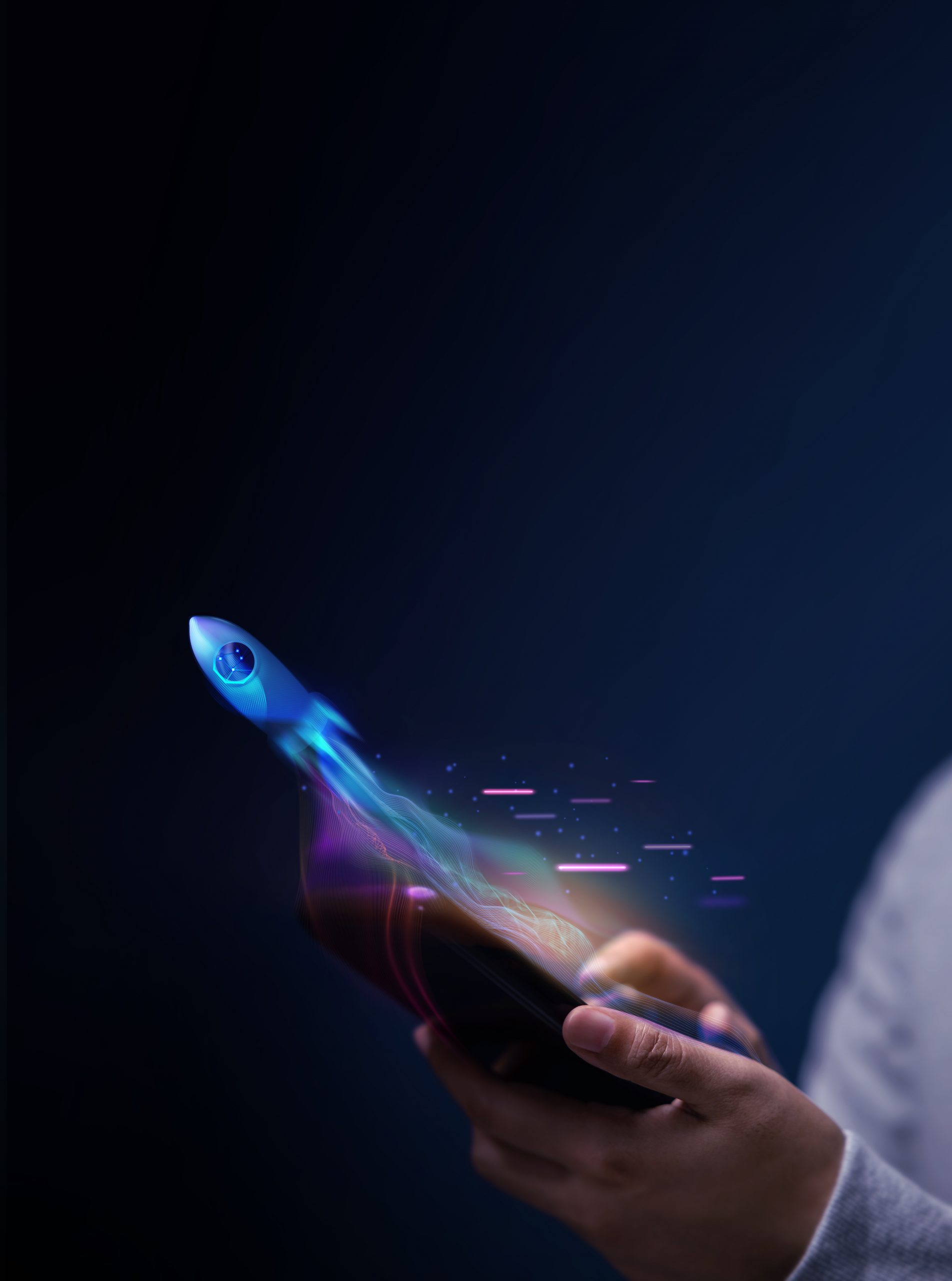 Futuristic Conceptual Photo. Startup Concepts. Rocket Take-off and Released from Mobile Phone to Space. Mission to Moon. Symbol of Success