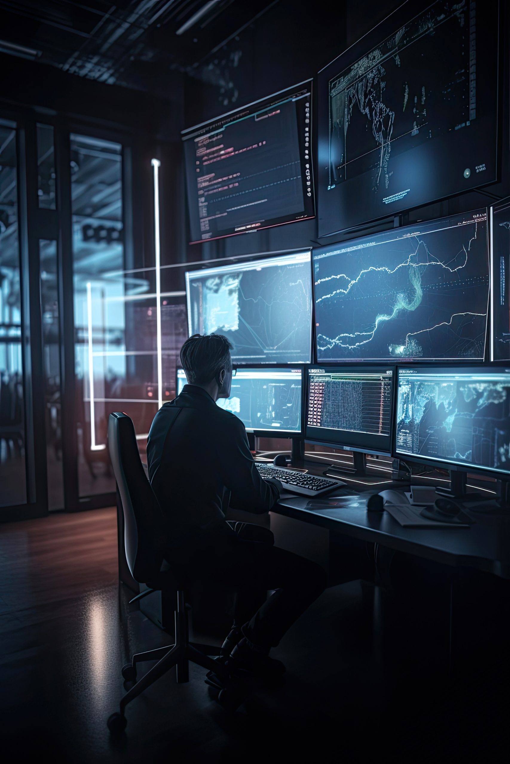AI generated illustration Trader doing analysis and trading behind multiple screens showing charts and statistics. Stock, crypto or forex financial market.